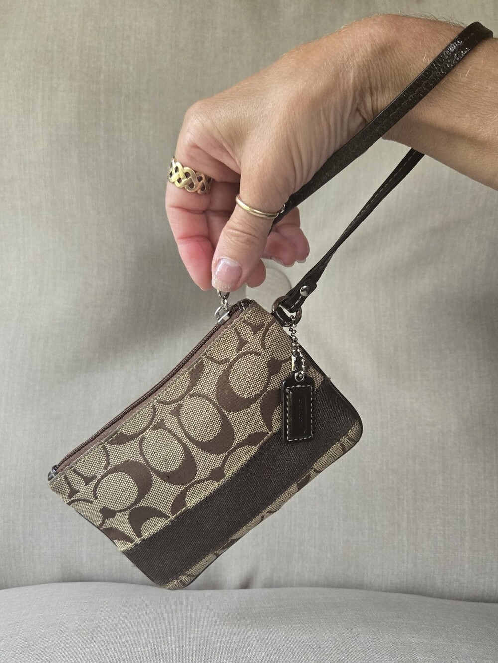 Coach Signature Jacquard Canvas Wristlet Brown Tan Mini Clutch - Picture 5 of 10